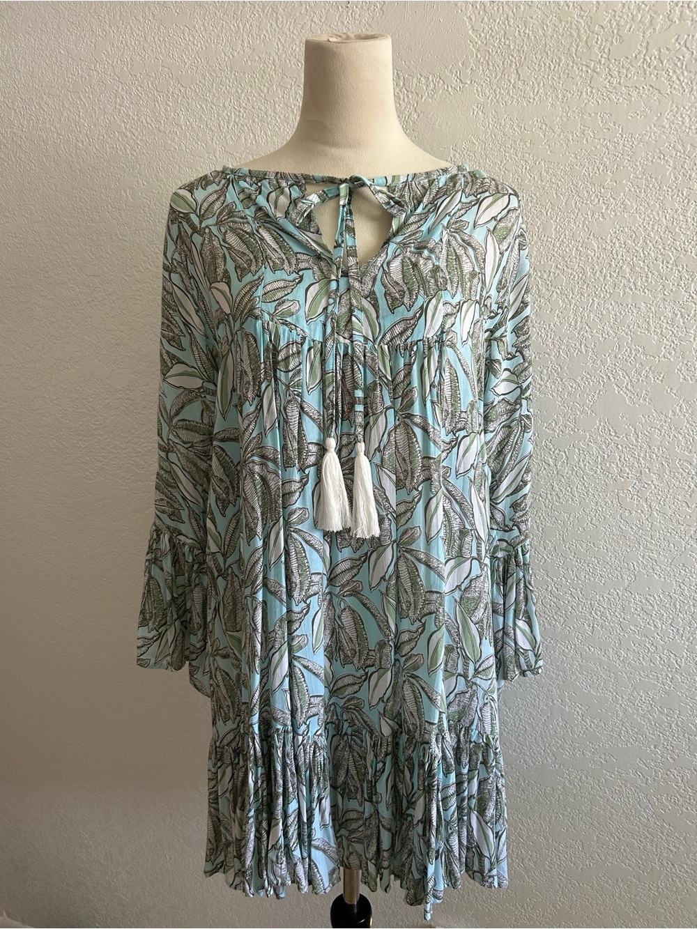 Lani Lau Tropical Leaf Print Boho Resort Coastal Hawaiian Mini Dress